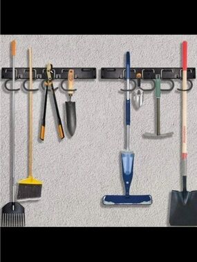 Wall-Mounted Tool & Broom Organizer Rack - Black